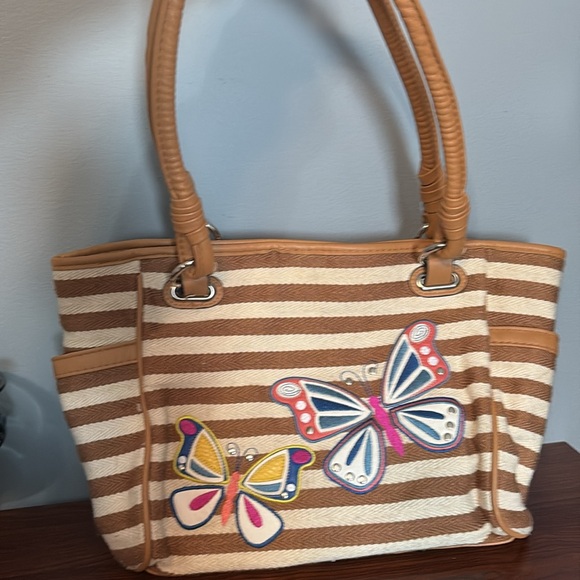 Butterfly Embroidered Striped Canvas Tote Bag Tan Brown Shoulder Handbag - Picture 2 of 11